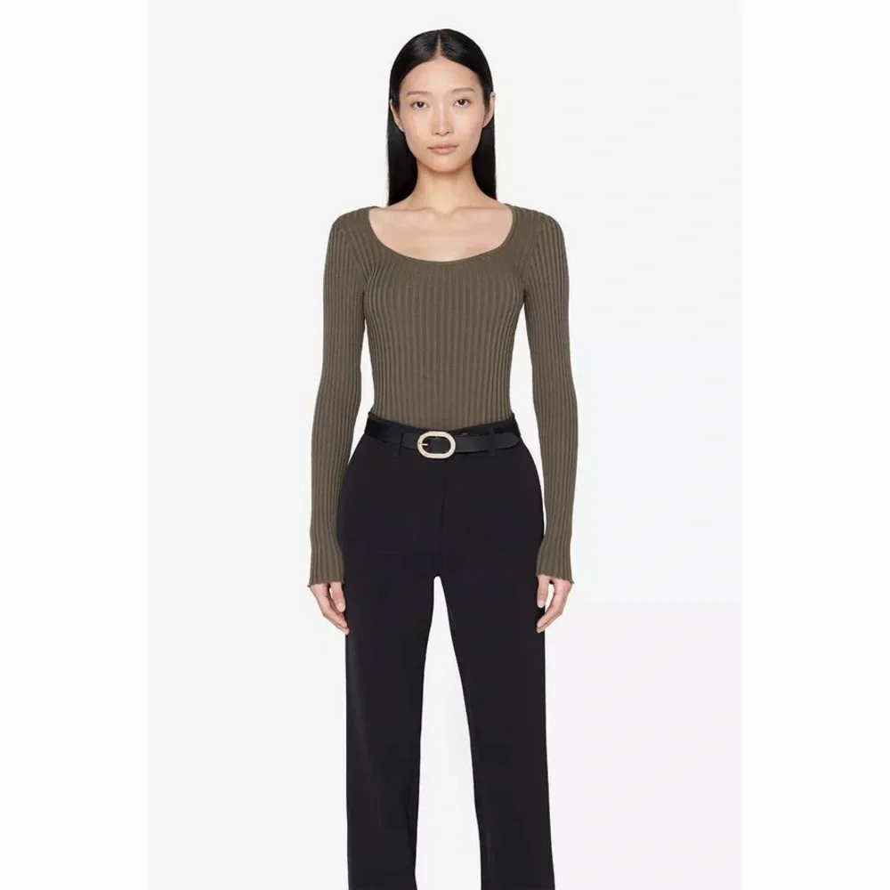 Anine Bing Felicity Ribbed Knit Bodysuit in Olive - Picture 2 of 14